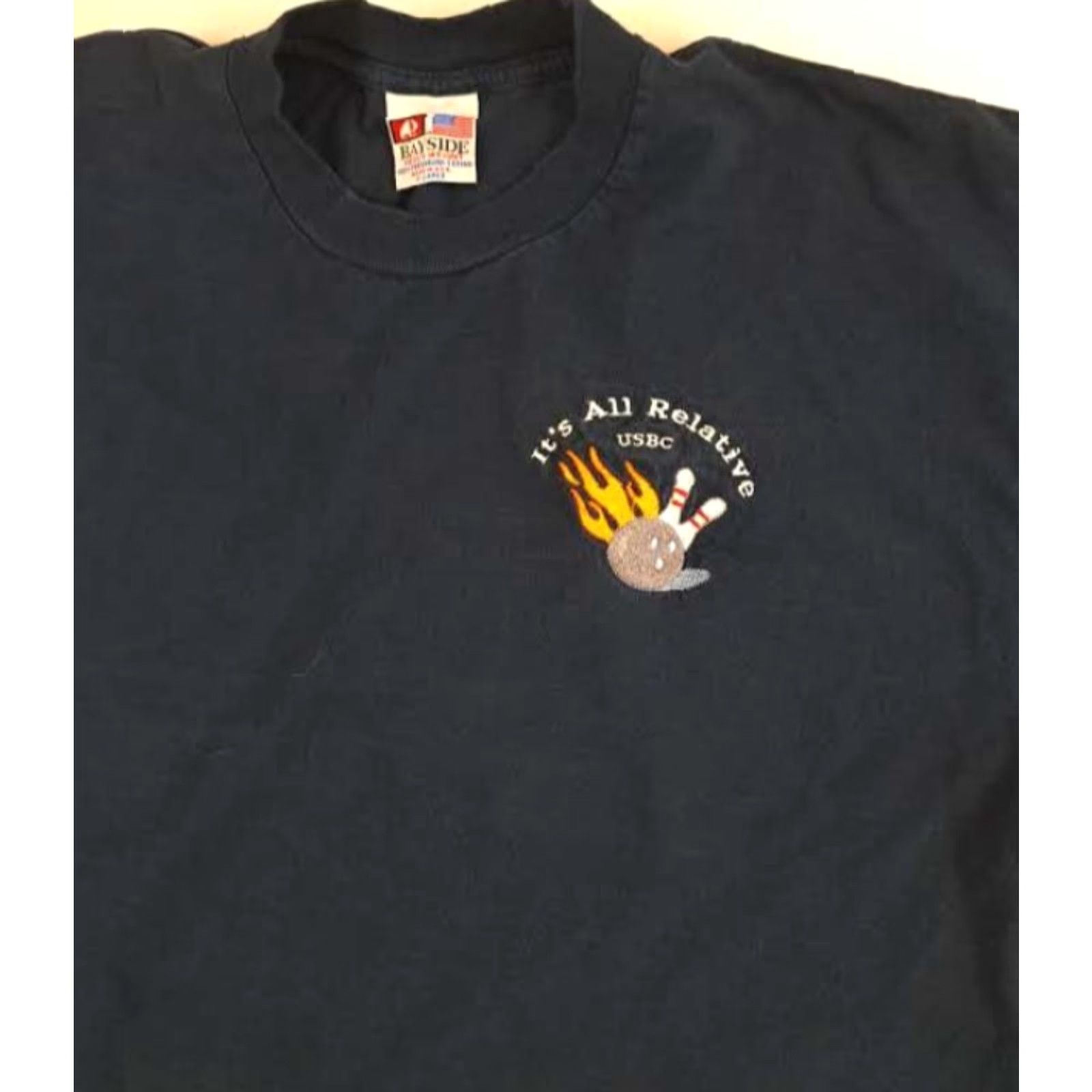 Vintage VINTAGE Bayside Bowling USBC It's All Relative Shirt XL USA made Men's T-Shirt Black Canvas Short Sleeve Crew Neck Embroidered 1990s Bowling Theme Size US XL / EU 56 / 4 - 2 Thumbnail