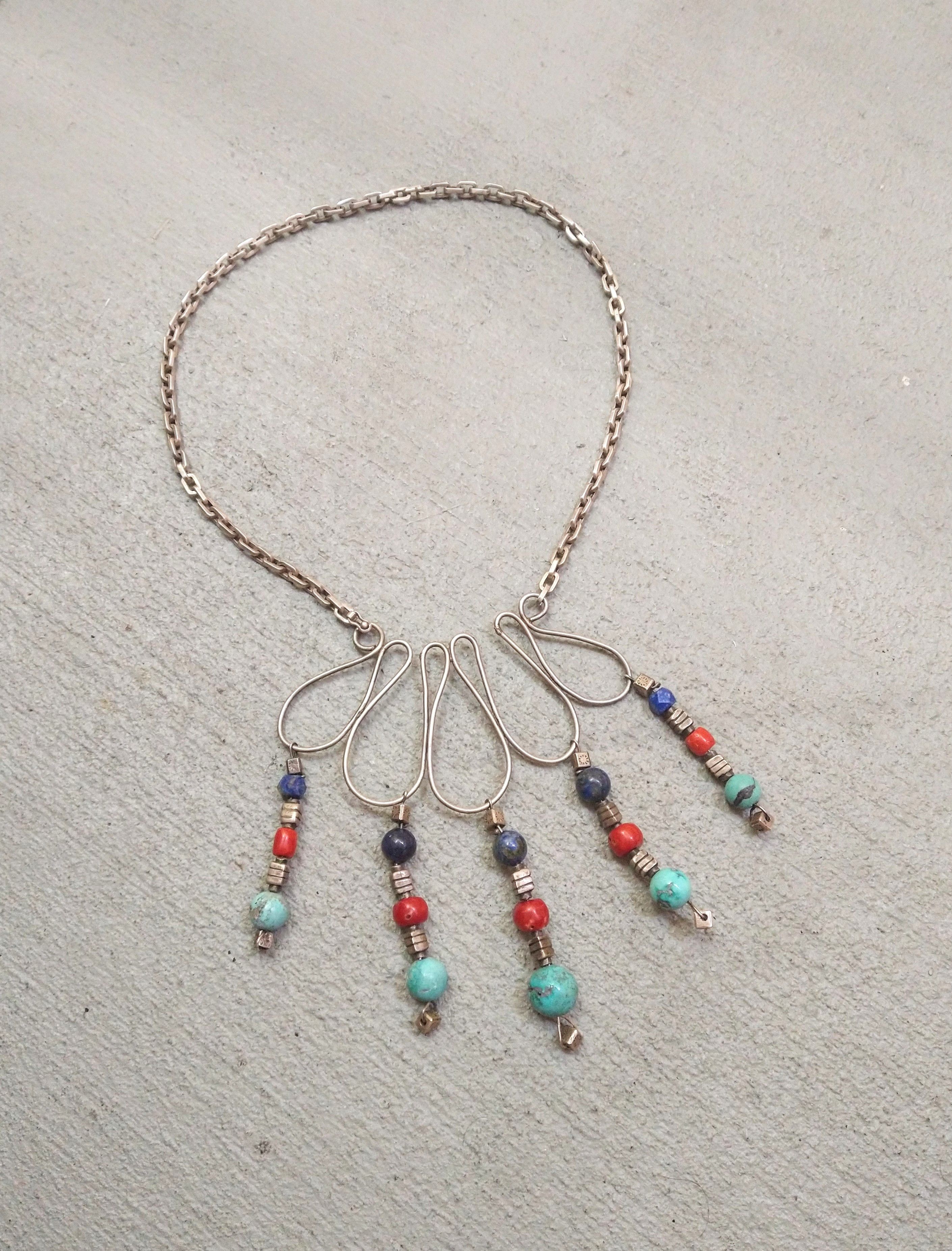 Jewelry × Vintage Sterling Silver Necklace Turquoise Lapis Lazuli Coral Native Size ONE SIZE - 1 Thumbnail