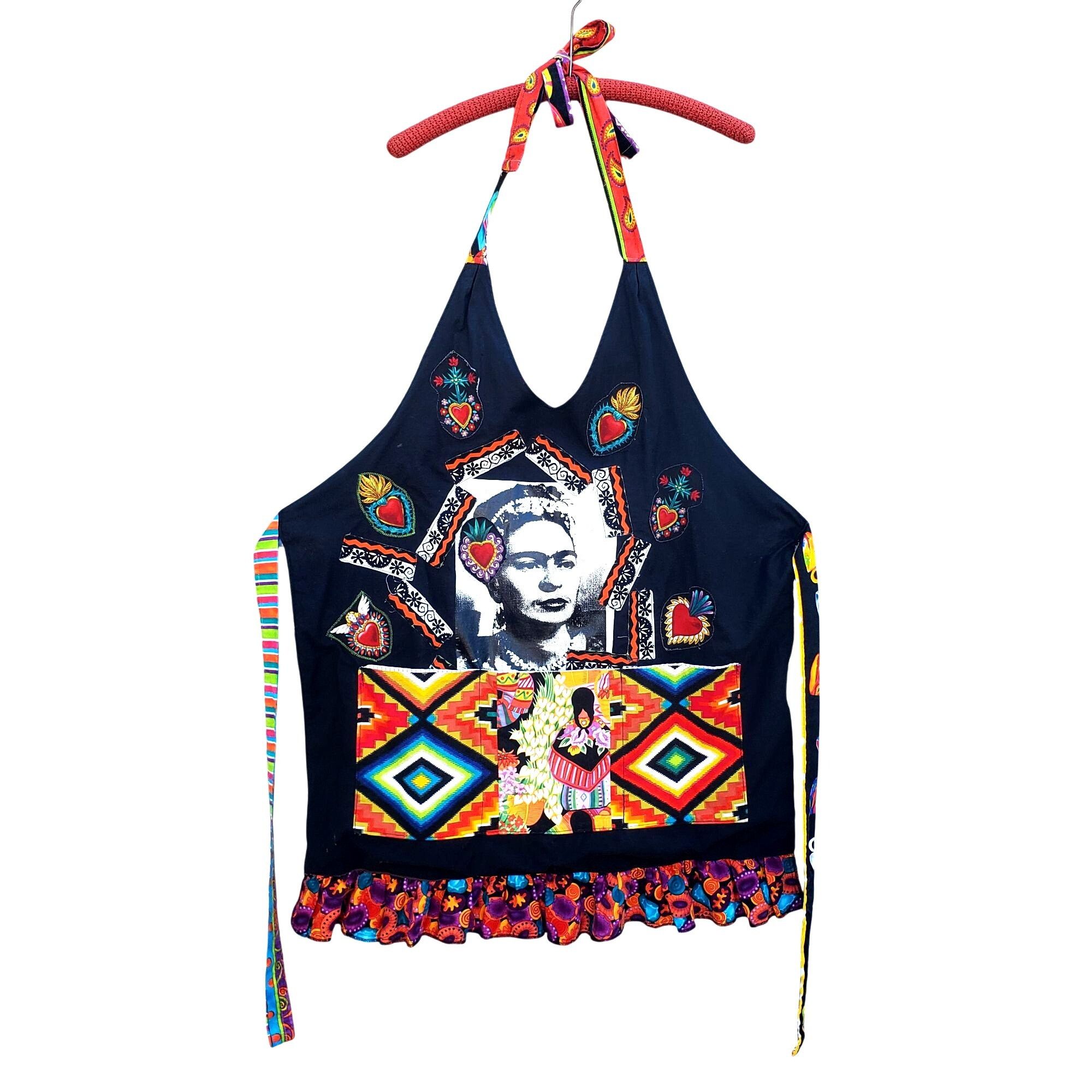 Handmade Frida Kahlo Bib Apron Colorful Handmade Black Cotton Plus Si Size XXL / US 16-18 / IT 52-54 - 1 Thumbnail