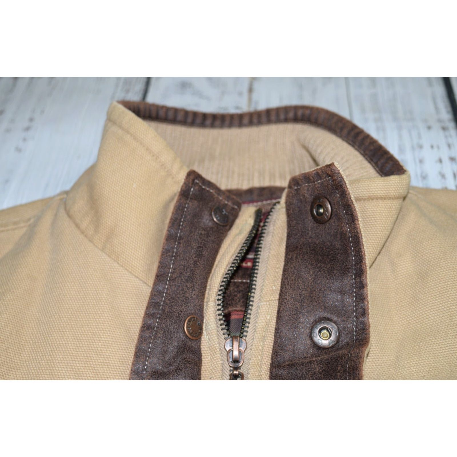VINTAGE Marlboro Classics Canvas Work Jacket Khaki Plaid Lined Full Zip XL 90s Mens