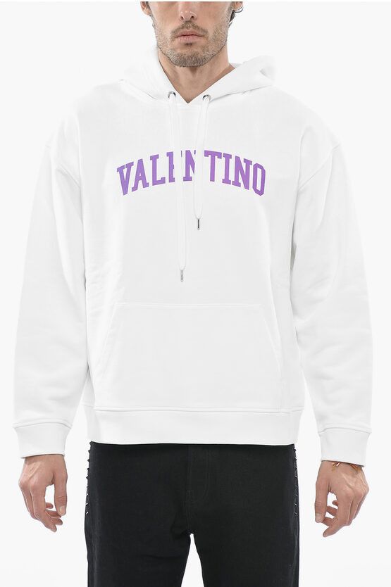 Image of Valentino Logo Print Brushed Cotton Hoodie in White, Men's (Size XL)