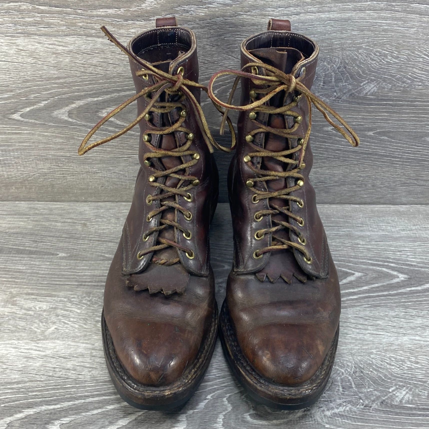 Vintage Whites Handmade Mens 9 D Brown Leather Boots Logger Packer Lace Up Vibram Sole - Workwear Boots Size US 9 / EU 42 - 3 Thumbnail
