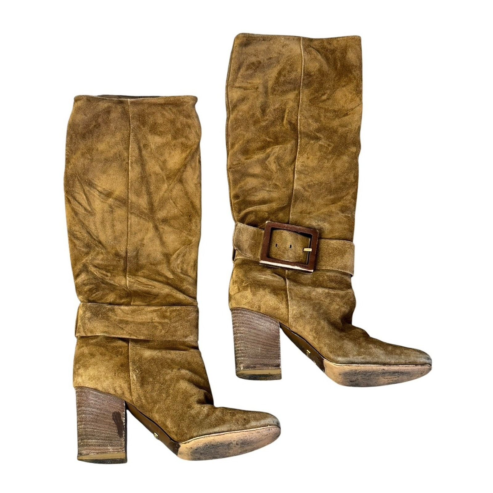 Gucci Vintage GUCCI Brown Suede Boots Wood Buckle Block Heel Sz 38 Size US 7 / IT 37 - 2 Thumbnail