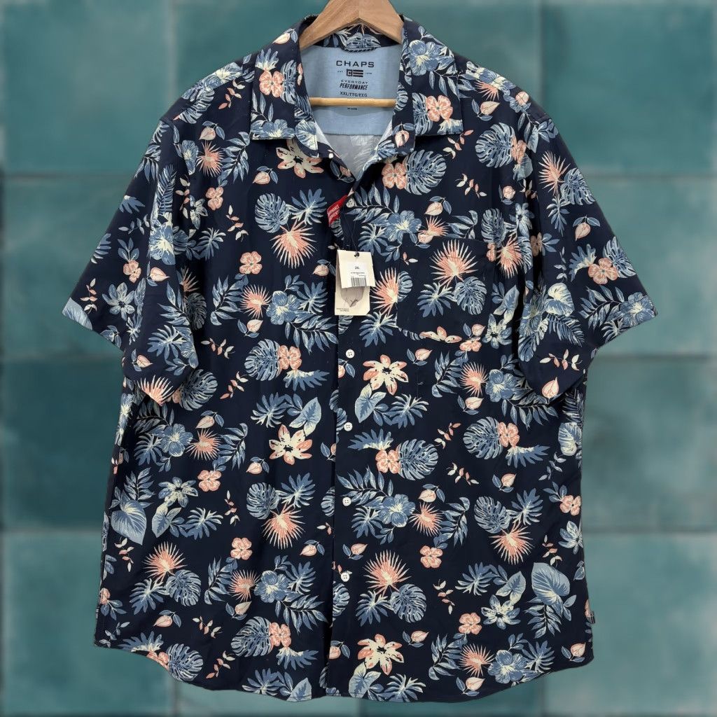 Chaps Chaps Shirt Mens 2XL Blue Hawaiian Floral Short Sleeve Performance Stretch Camp Shirt Size US XXL / EU 58 / 5 - 1 Thumbnail