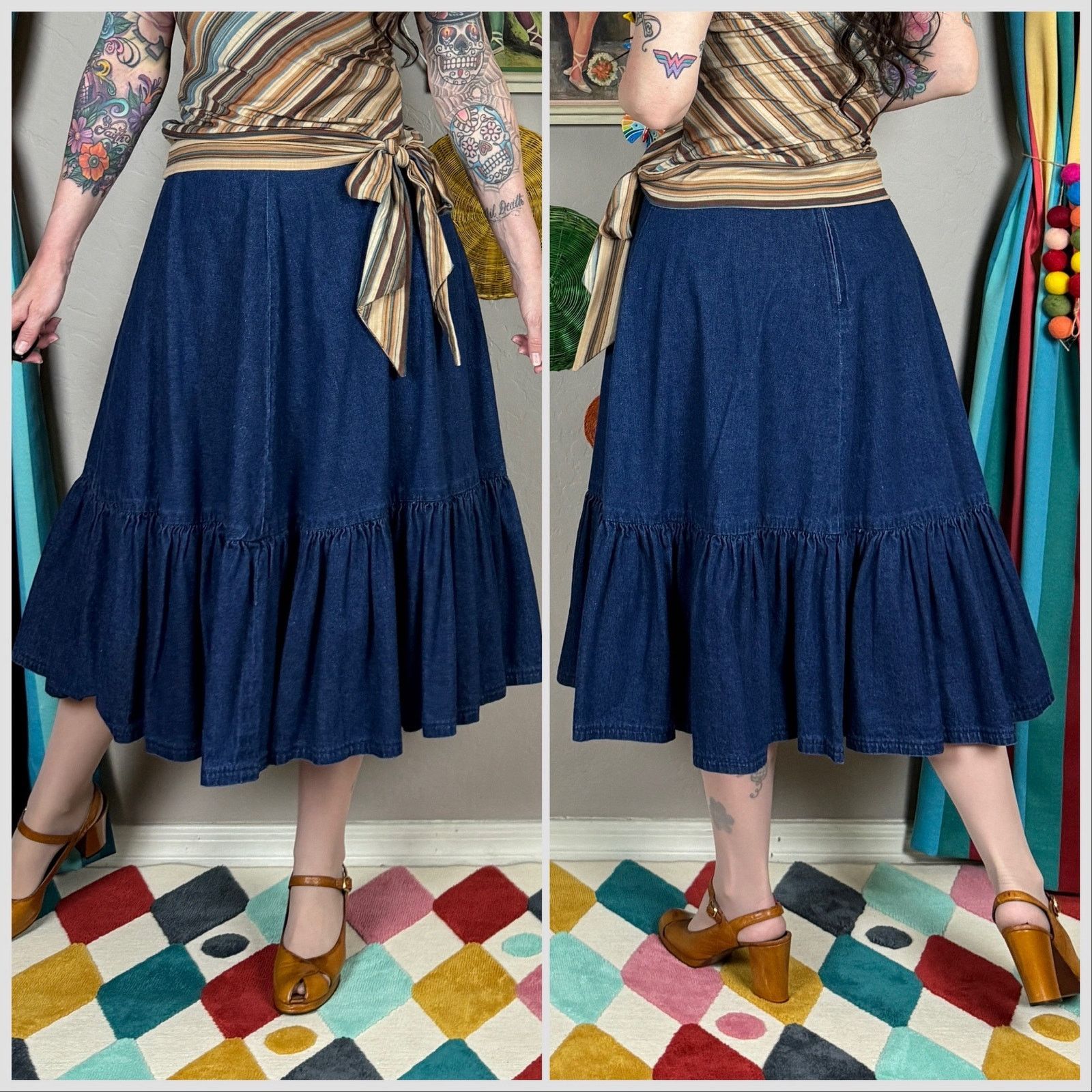 Vintage Vintage 1970s High Waist Dark Wash Ruffle Denim Midi Skirt Size 26" / US 2 / IT 38 - 3 Thumbnail