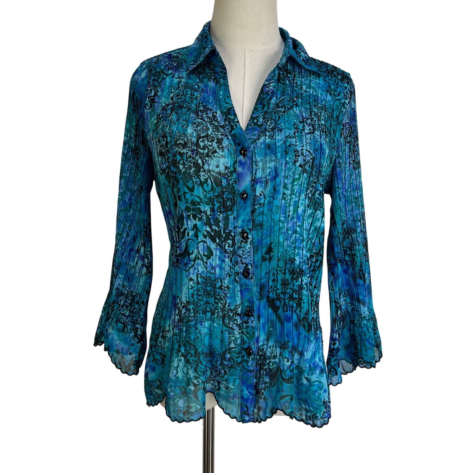 Other Laura Scott Blue Damask Printed Pleated Stretch Shirt Top Size M / US 6-8 / IT 42-44 - 1 Thumbnail