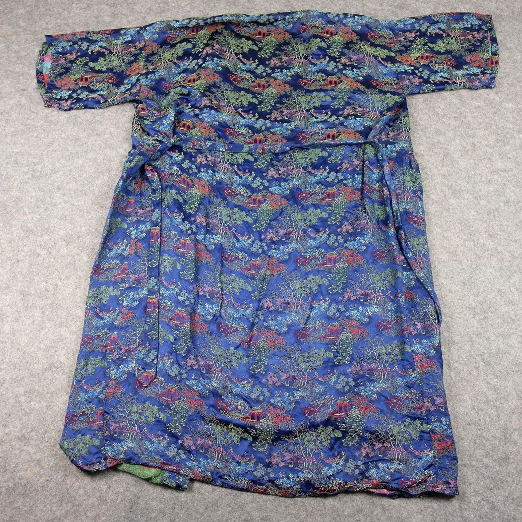 Vintage VINTAGE Solz Squirrel Kimono Blue Satin XL Belted Floral Scenic Chinese Robe XS? Size ONE SIZE - 7 Thumbnail