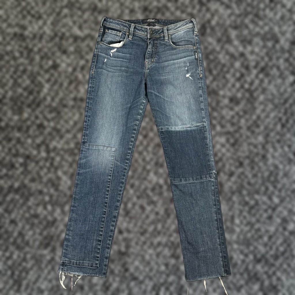 Silver Jeans Co. Silver Jeans Izzy Ankle Slim Patchwork Distressed Jeans Women 31x28 Blue Denim Slim Women Jeans 90s? Size 24" / US 00 / IT 34 - 1 Thumbnail
