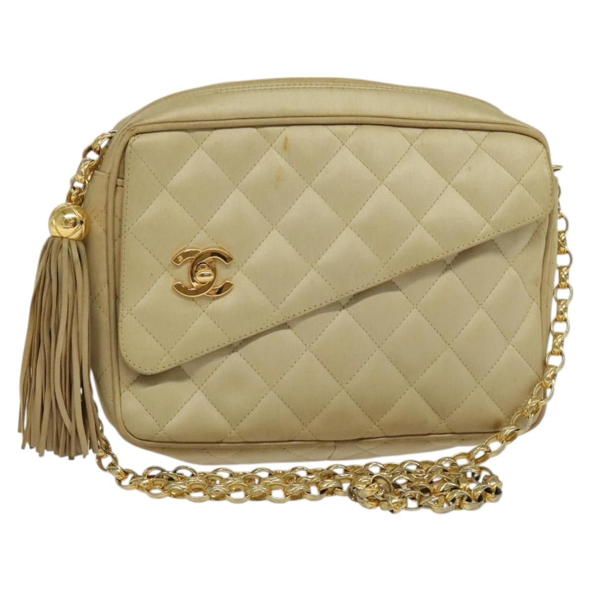 Chanel Matelasse Chain Shoulder Bag Satin Beige Gold Cc Auth 122544 in Beige/Gold, Women's
