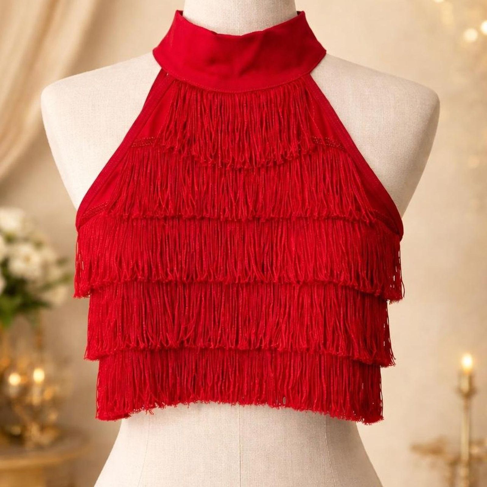 Other Red Fringe Mock Neck Halter Crop Top Valentine’s Day Size S / US 4 / IT 40 - 1 Thumbnail