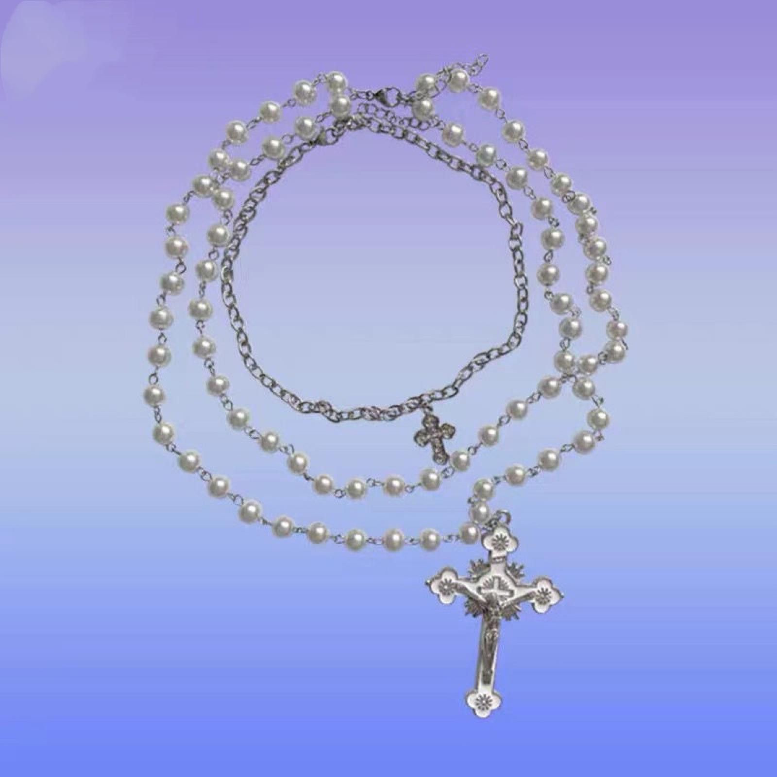 The Unbranded Brand Necklace Y2k Sweater Cross Pearl Chain Size ONE SIZE - 3 Thumbnail