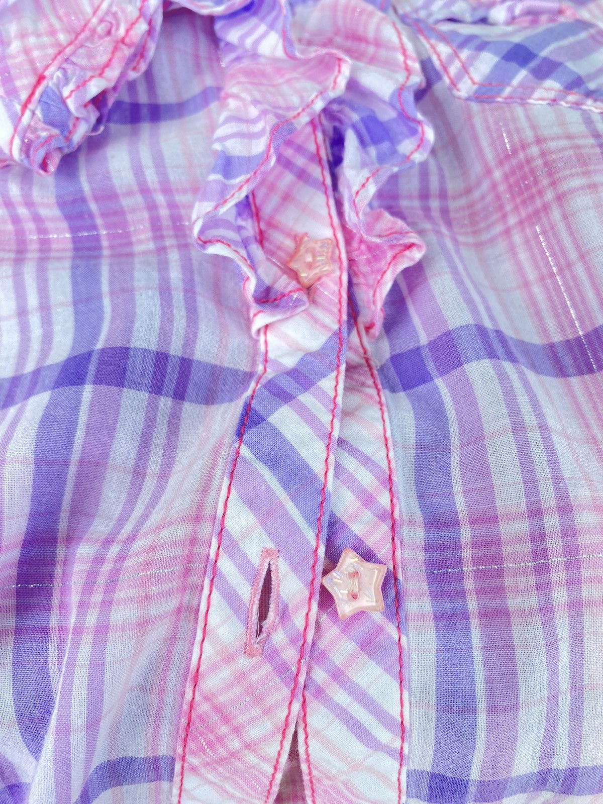 Designer × Japanese Brand Mezzo Piano Y2K Pink & Purple Plaid Ruffle Shirt Size ONE SIZE - 5 Thumbnail