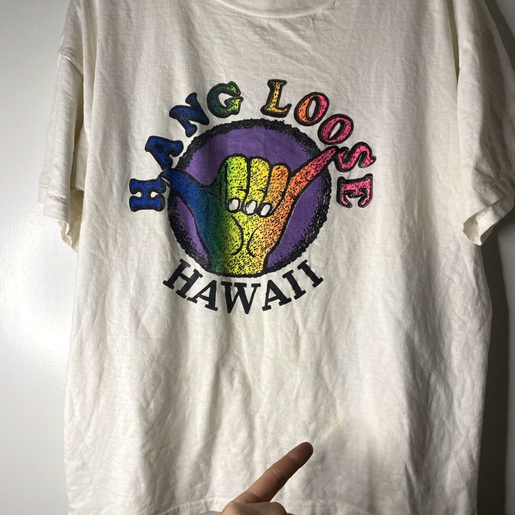Vintage VINTAGE 80’s Hawaii Single Stitch T Shirt Hang Loose Grunge Distressed Flaw 23x26 White Unbranded Unisex Adults L Short Sleeve Mens Womens Boys Girls Size US L / EU 52-54 / 3 - 7 Thumbnail