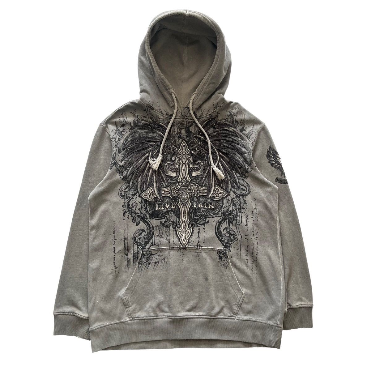 image of Affliction x Vintage Prepotente Skull Cross Grunge Cyber Y2K Style Hoodie in Grey, Men's (Size XL)