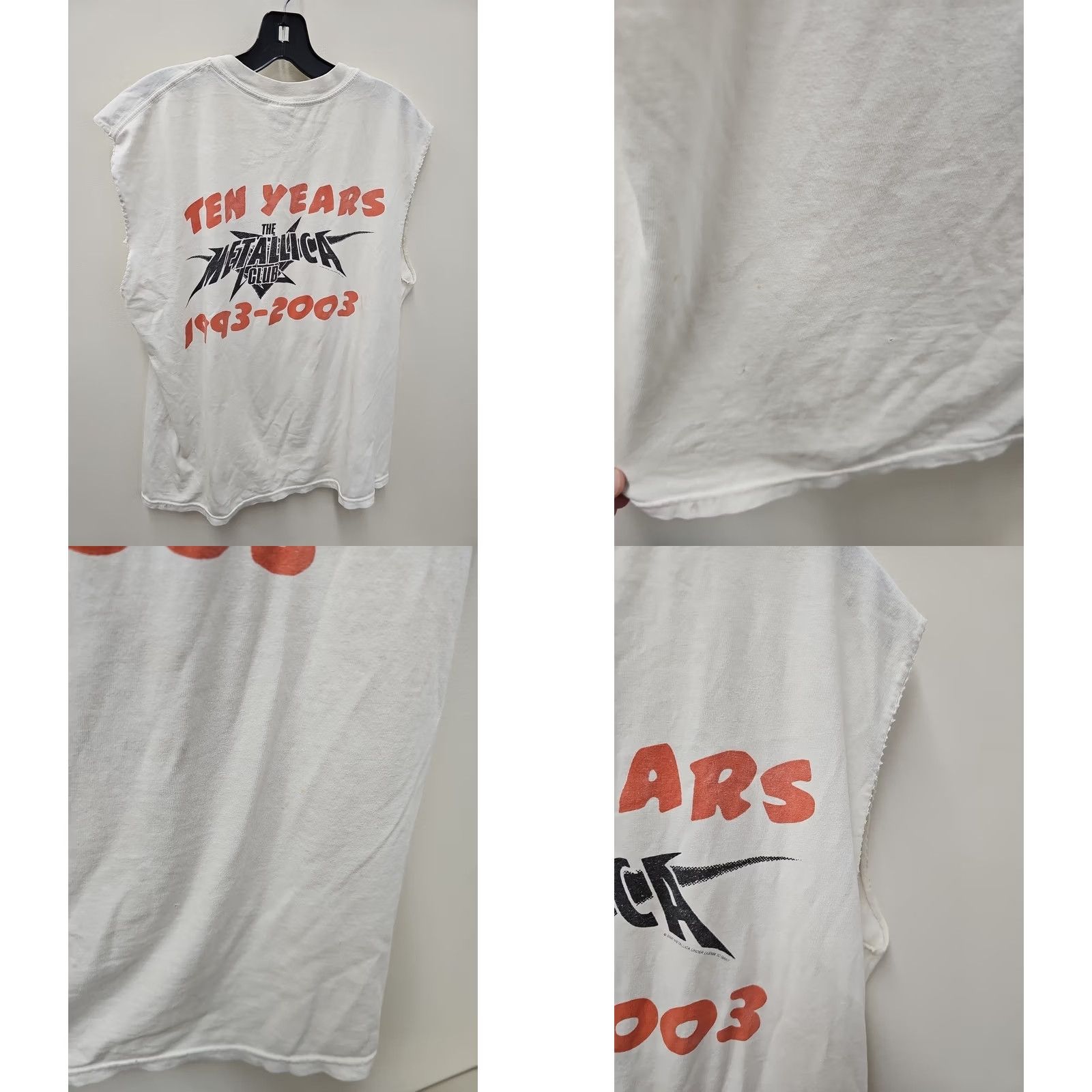 Gildan Metallica T-Shirt - MetClub 2003 - Club 'Em All - Large Mens Short Sleeve White Cotton Logo Thrashed Status: Distressed with Chopped Sleeves Size US L / EU 52-54 / 3 - 8 Thumbnail