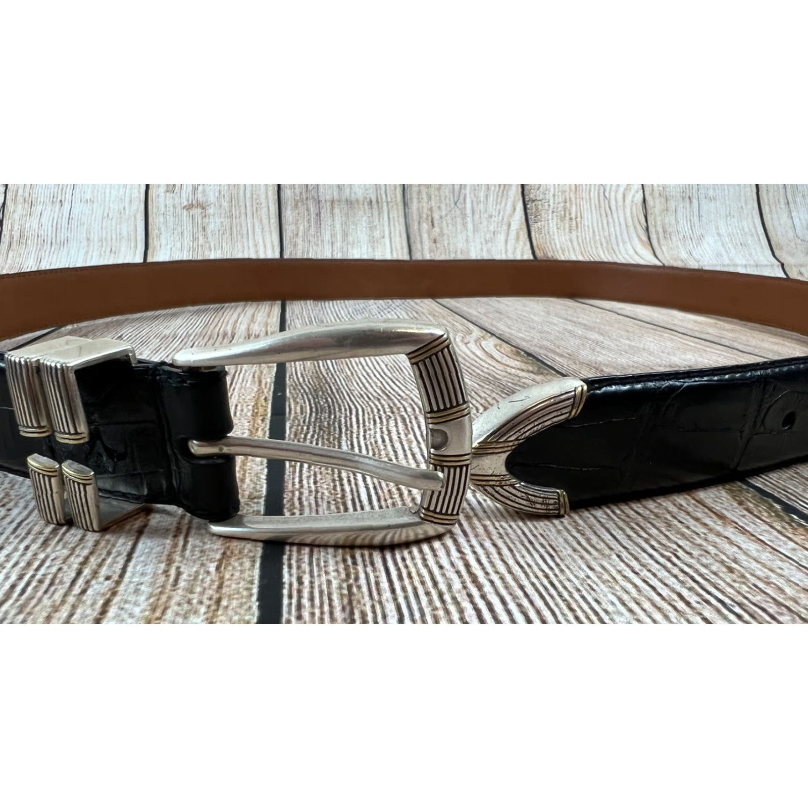 Vintage Tundra Belt Men Dress Belt Leather Italian Croco Calfskin Black Embellished Adjustable Buckle Size 44 Mens Black Size 44 - 5 Thumbnail