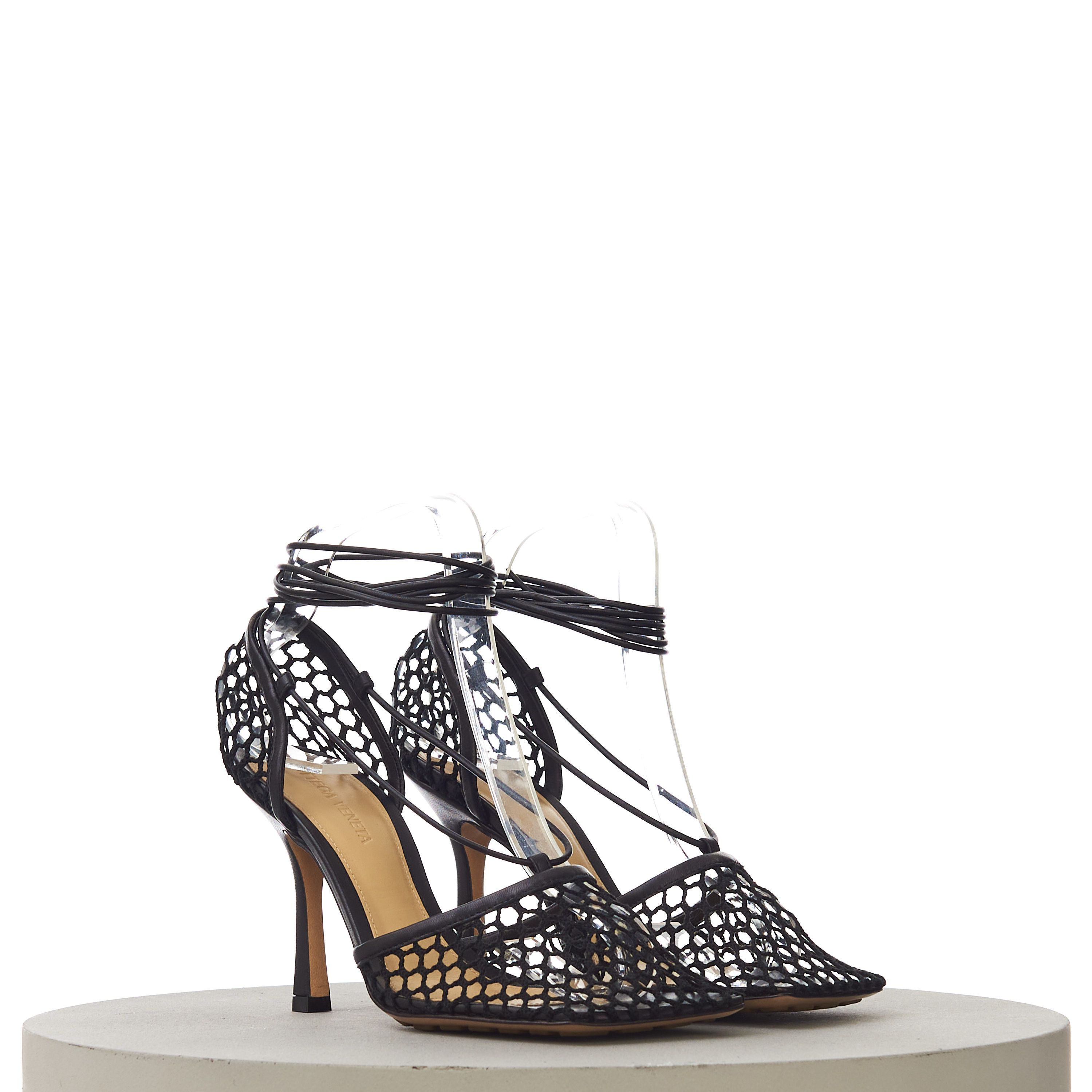 Bottega Veneta Stretch Lace-Up Sandals In Black Leather & Mesh Size US 8.5 / IT 38.5 - 1 Thumbnail