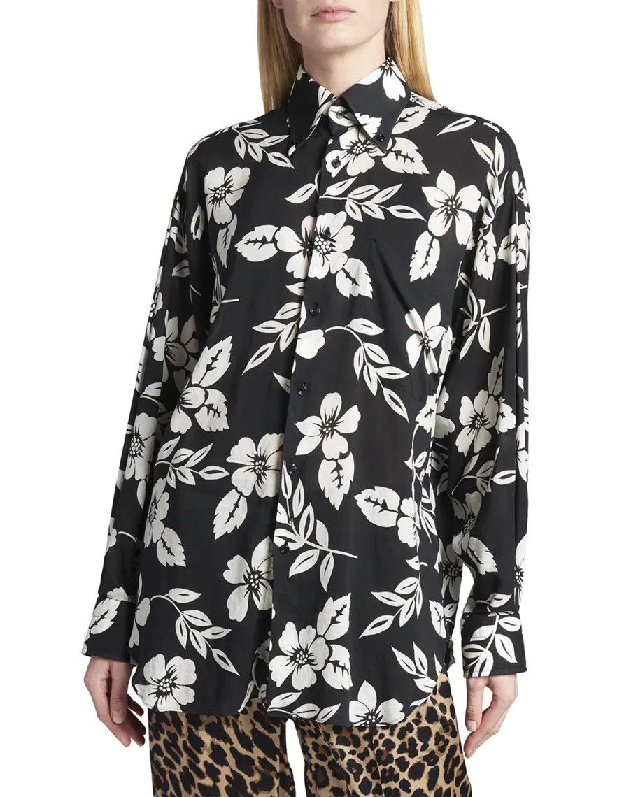 o1loc1c0524 CA3192 Print Button Collar Shirt in Black/White