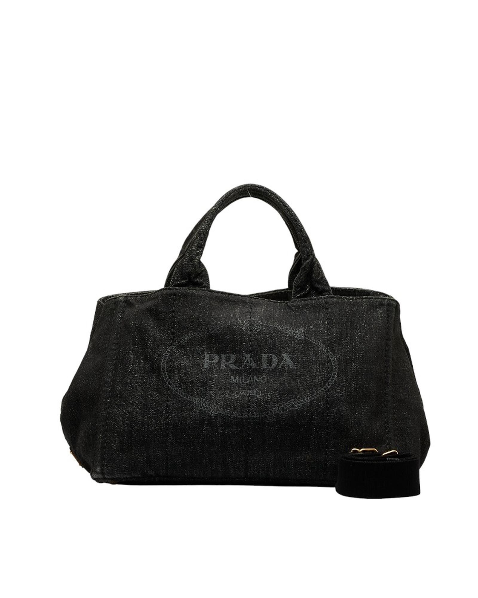 image of Prada Denim Logo Handbag in Black, Women's
