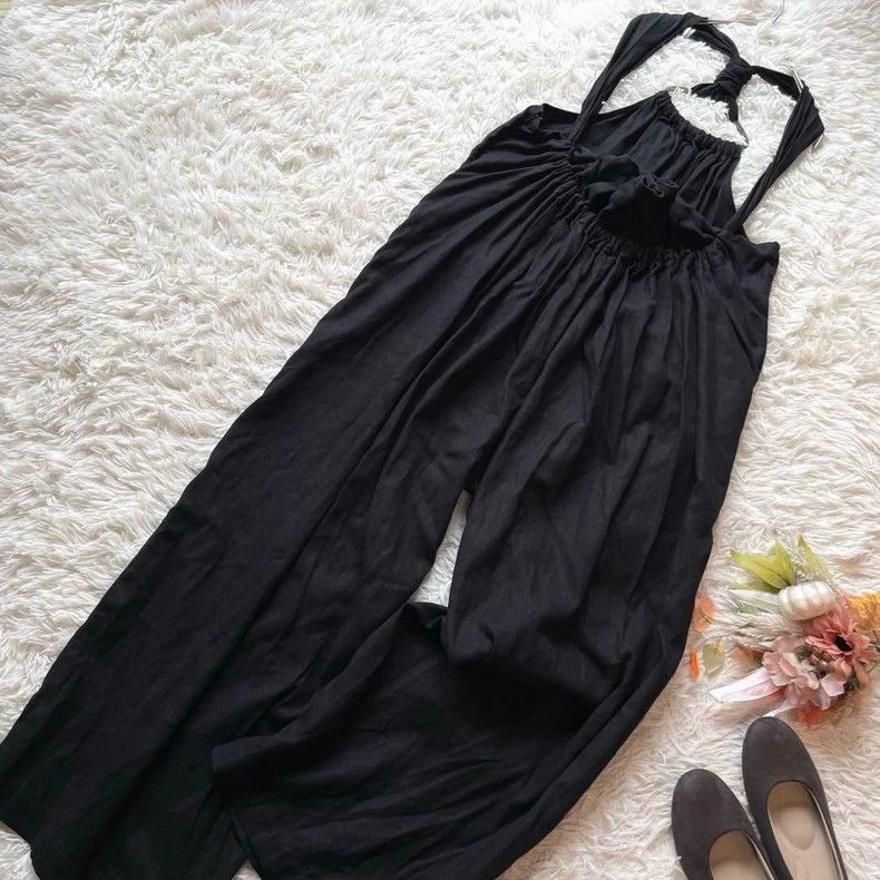 Black Cotton Linen Jumpsuit with Straps