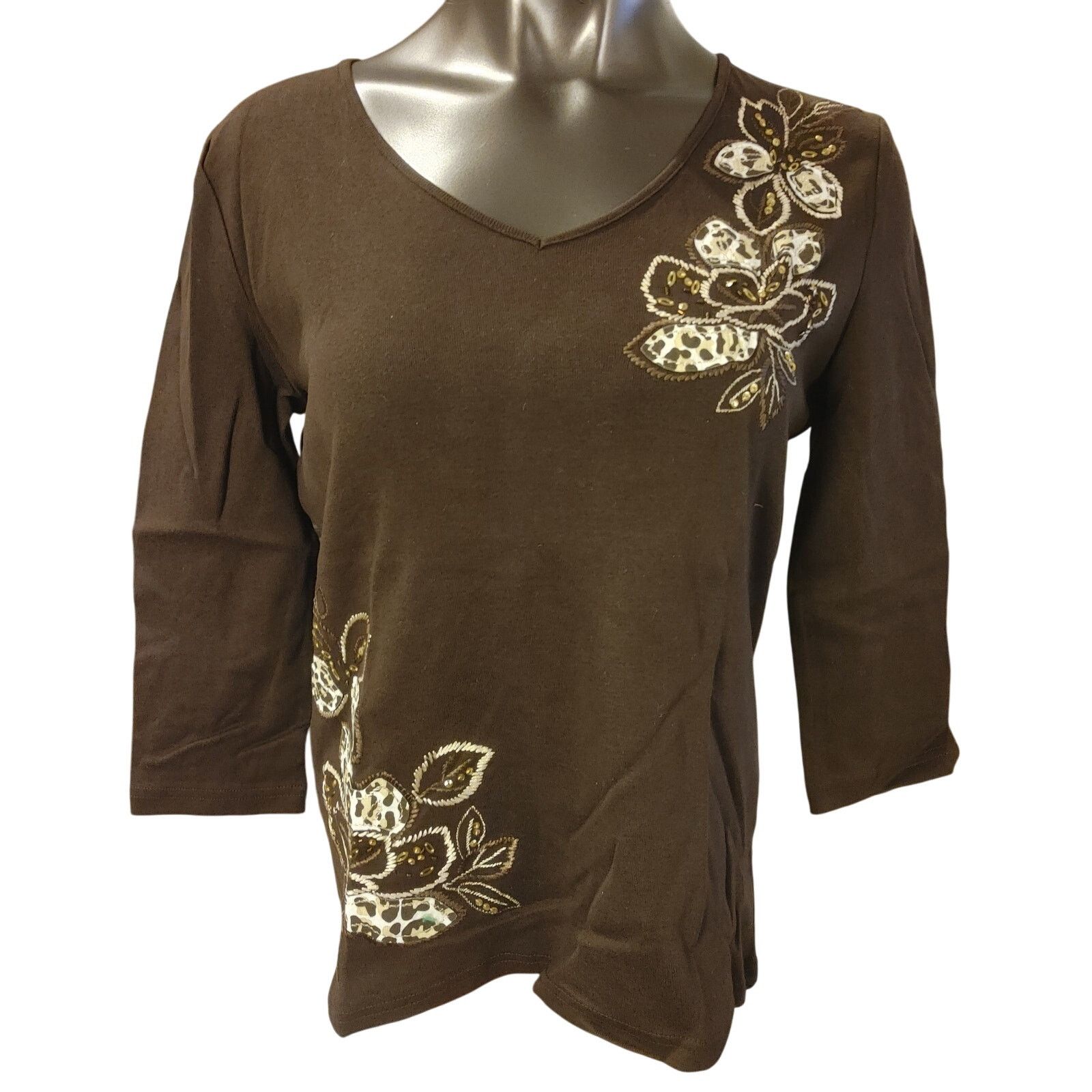 Other Karen Scott Women S Brown Long Sleeve Floral Round Neck Top Size S / US 4 / IT 40 - 1 Thumbnail