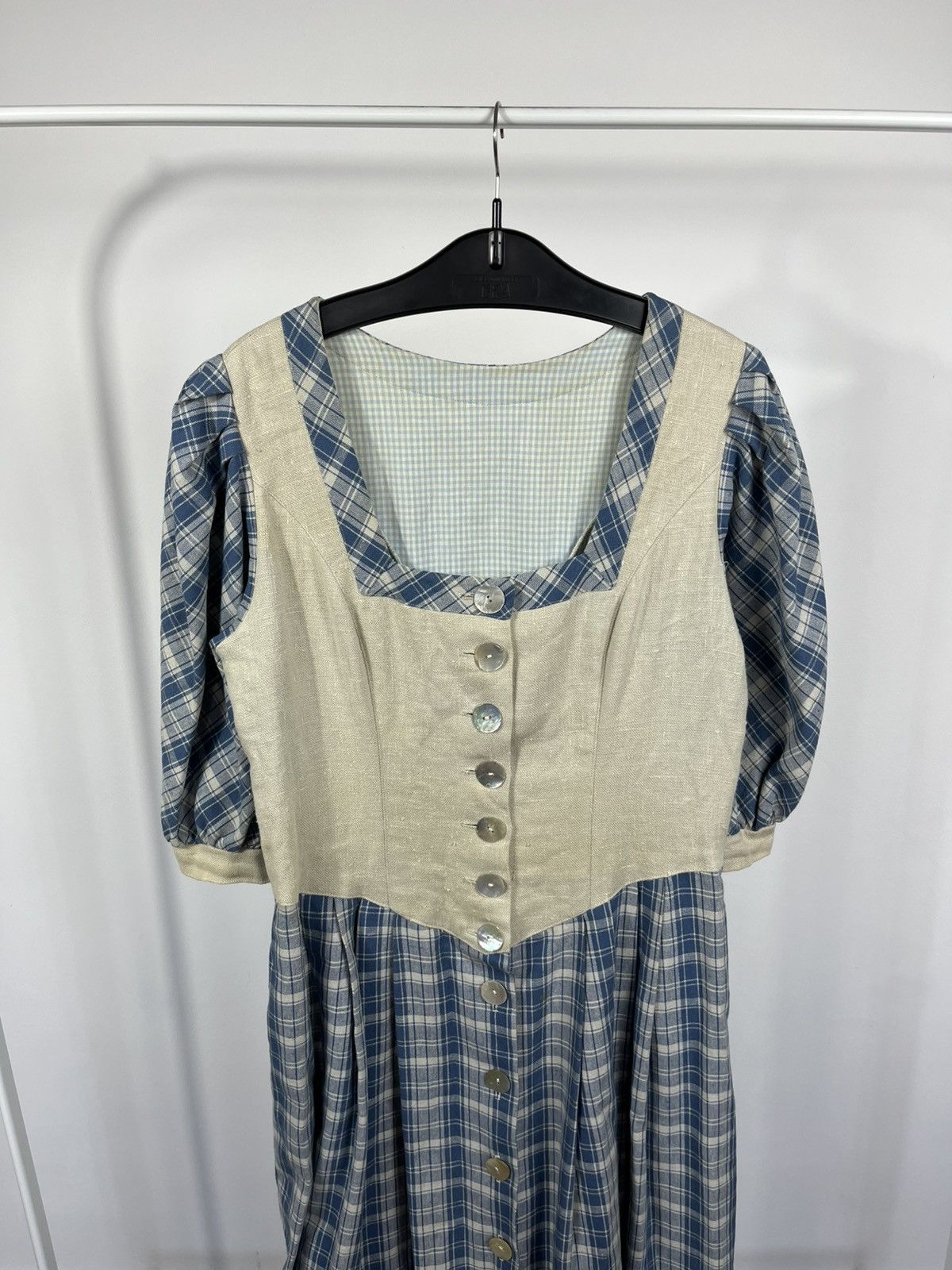 Other Vintage Dirndl Style Dress Blue Plaid Linen Folk Maxi Dress Size M / US 6-8 / IT 42-44 - 2 Thumbnail