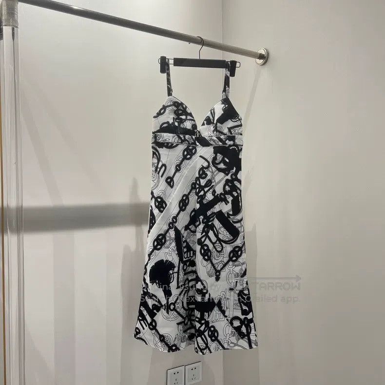 Hermes Black and White Watercolor Rattle Dress Silk