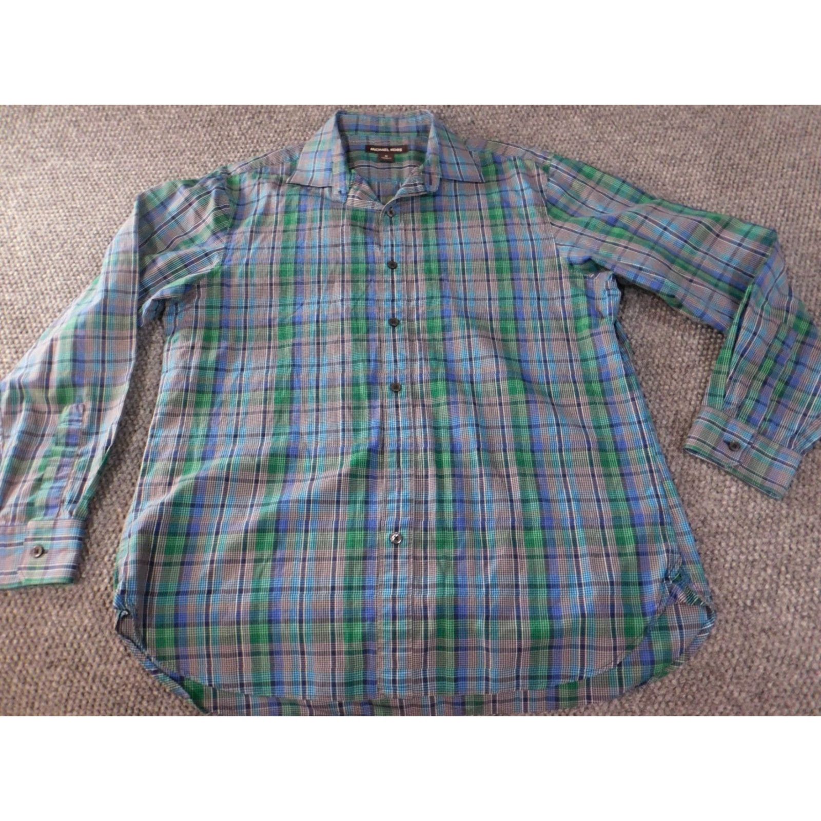 Michael Kors Michael Kors Mens Shirt M Long Sleeve Plaid Button-Down Collared Cotton Polyester Knit Slim Blue Pink Accent Buttons Casual Size US M / EU 48-50 / 2 - 3 Thumbnail