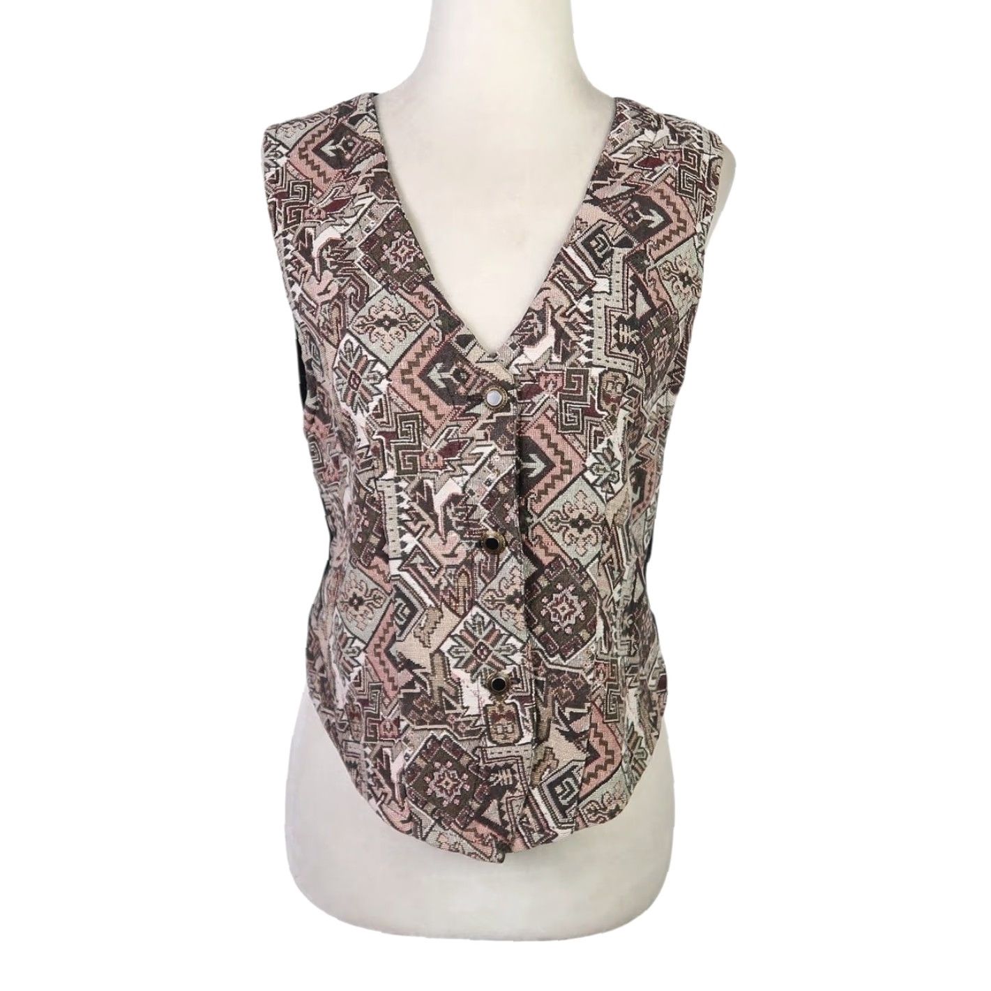 Vintage VINTAGE Baxter & Wells Geometric Tapestry Needlepoint Vest S Women Black Geometric 90s Bohemian Sleeveless Button Front Tie Back Short Length Size S / US 4 / IT 40 - 2 Thumbnail