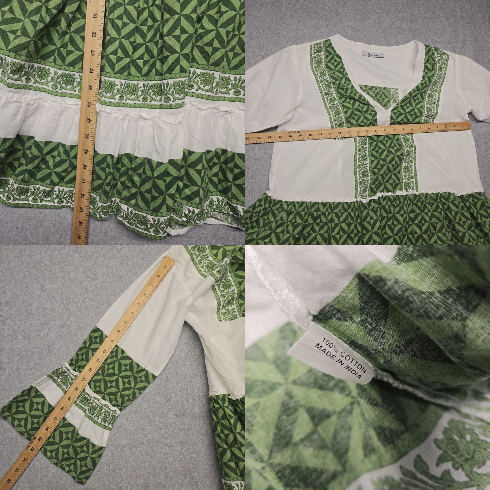 Bell Bindu Dress Womens M Short Green White Geometric Boho Bell Sleeve Swing Size M / US 6-8 / IT 42-44 - 8 Thumbnail