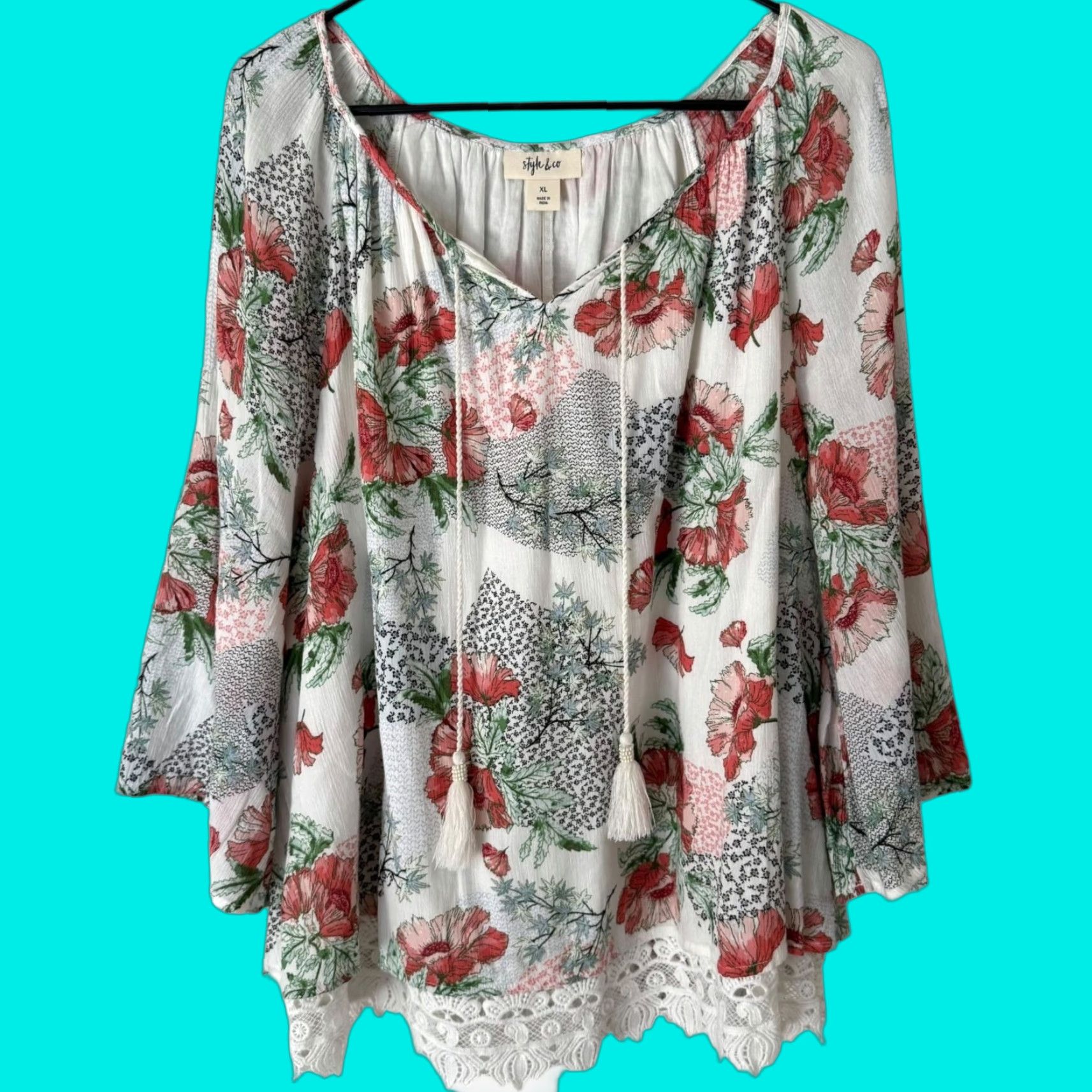Style & Co VINTAGE Style & Co Floral Peasant Blouse White XL Bell Sleeve Tie-Neck Bohemian Womens Size XL / US 12-14 / IT 48-50 - 1 Thumbnail