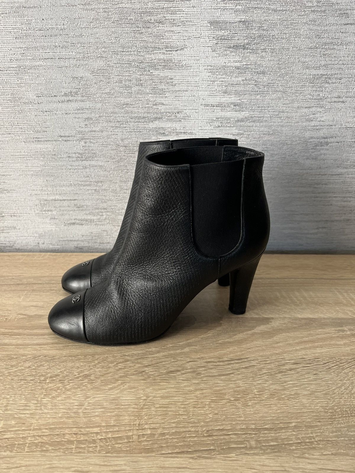 Chanel Cap Toe Logo Ankle Leather Heel Shoes Boots in Black, Women's (Size 8)