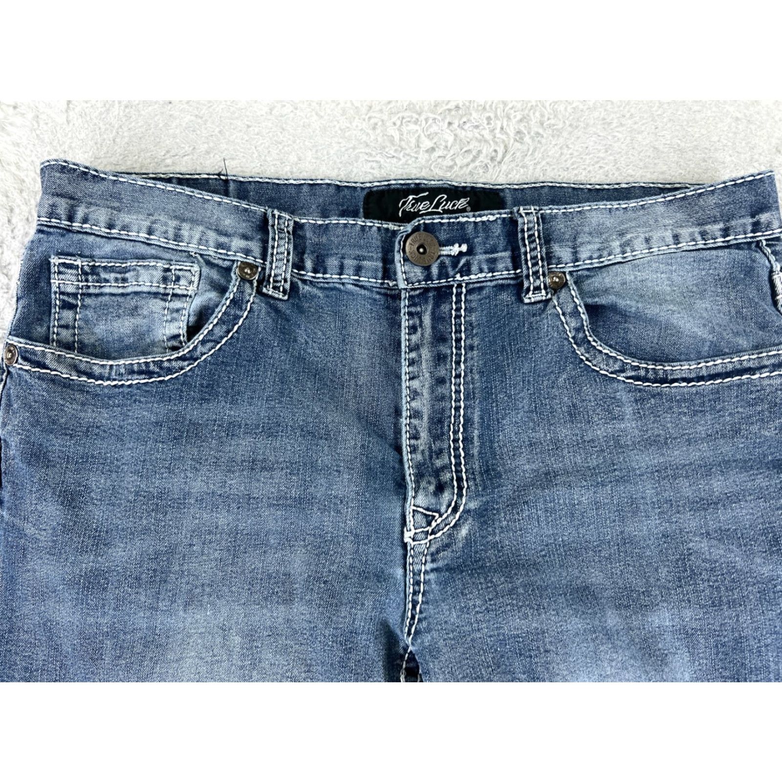 Vintage True Luck Jeans Adult 34 Blue Denim Straight 34x28 Cotton Blend Embroidered 5-Pocket Mens Regular Blue Jeans 34 Mens Size US 34 / EU 50 - 4 Thumbnail