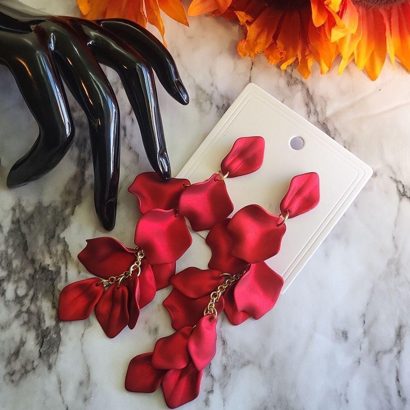 The Unbranded Brand Rose Petal Long Earrings Red Color Size ONE SIZE - 1 Thumbnail
