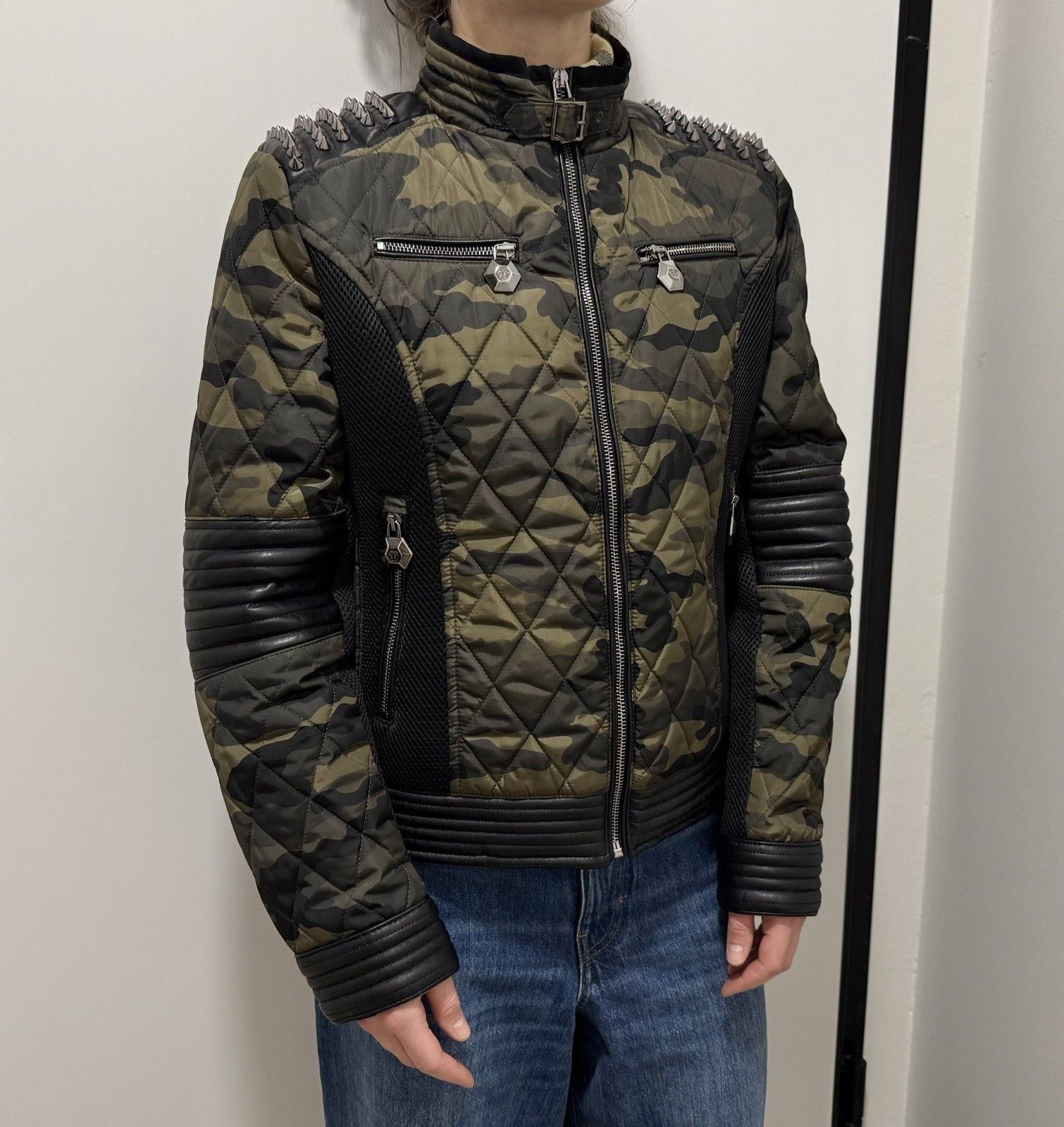 Philipp Plein Philipp Plein Womens Camo Camouflage Jacket Spikes Biker Size L / US 10 / IT 46 - 3 Thumbnail