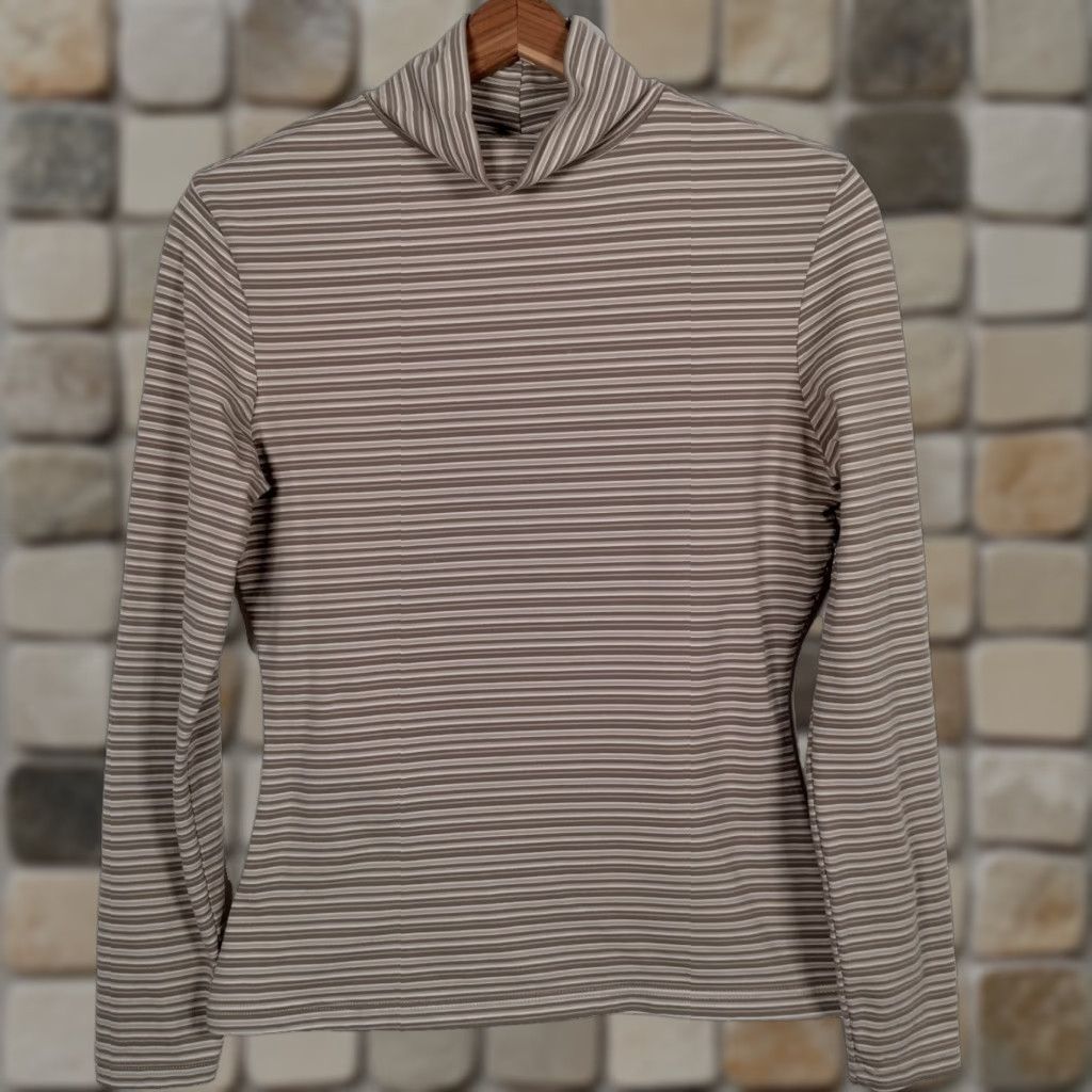 Express VINTAGE Express Tricot Shirt Women M Mock Neck Striped Khaki Tan Preppy 90s Retro Casual Pullover Size M / US 6-8 / IT 42-44 - 1 Thumbnail