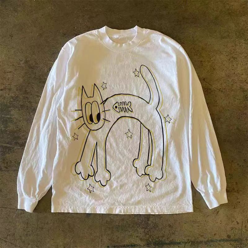 Vintage White washed retro cartoon cat print long-sleeved t-shirt Size US M / EU 48-50 / 2 - 1 Thumbnail