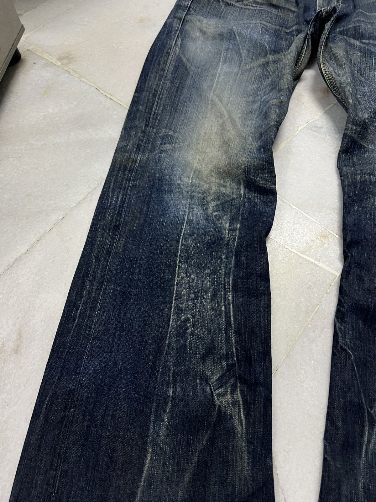 Edwin × Vintage 💥Flare💥Edwin 503 Blue Trip Distress Jean Size US 35 - 6 Thumbnail