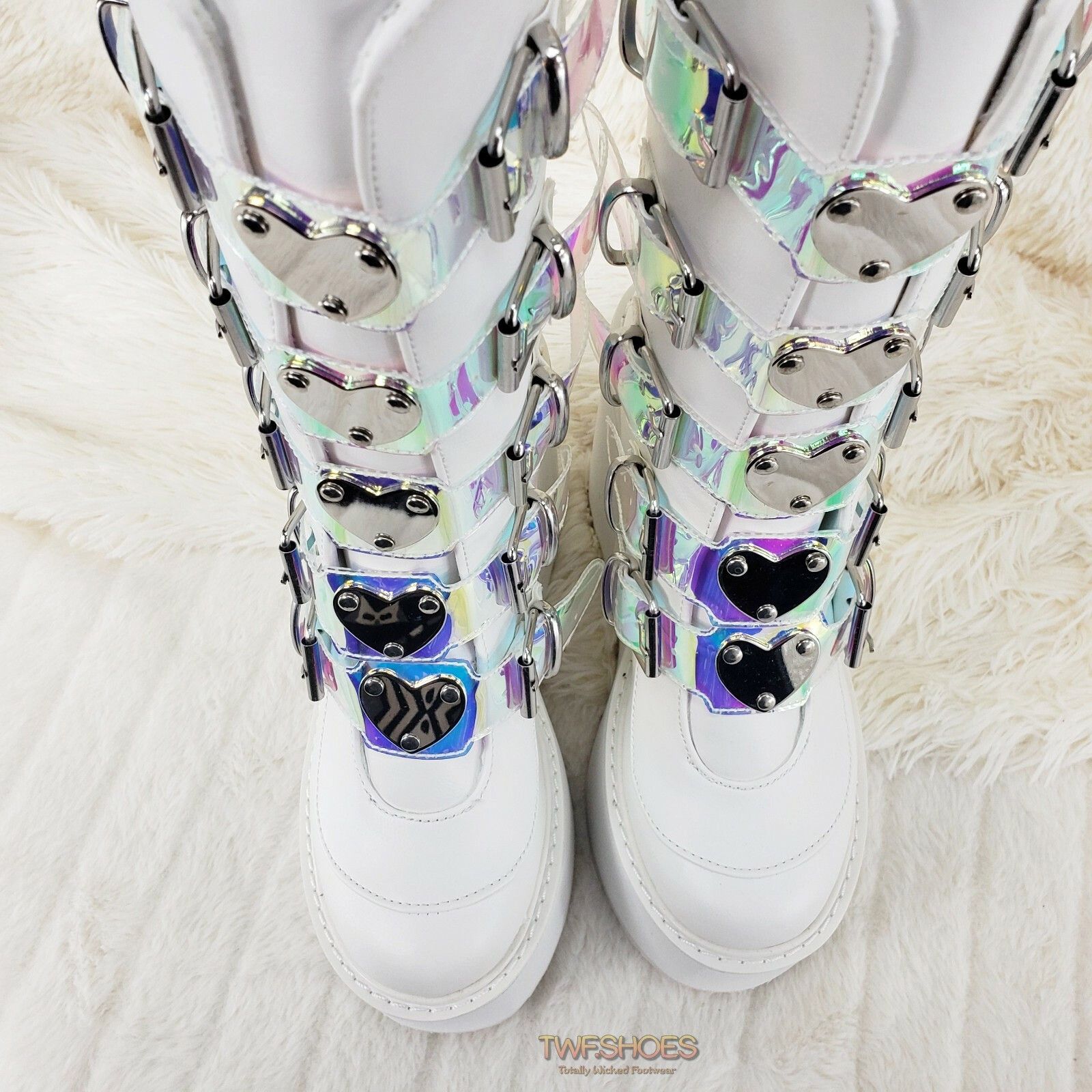 Other Cyber Swing 230 White Boot 5.5" Platform Heart Hologram Stra Size US 9 / IT 39 - 9 Thumbnail