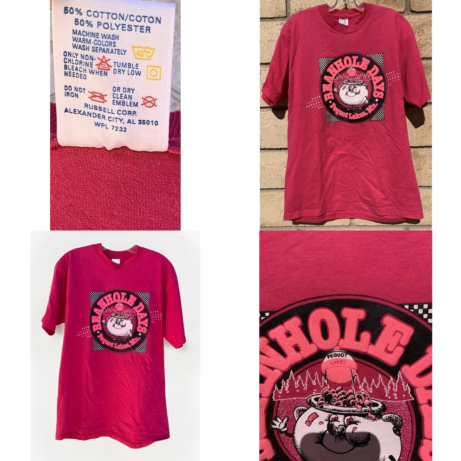 Jerzees VINTAGE Beanhole Days T Shirt Pequot Lakes Mn Pink L Large Jersey/JERZEES Short Sleeve Cotton Blend Graphic Print Mens Regular Size L Size US L / EU 52-54 / 3 - 8 Thumbnail