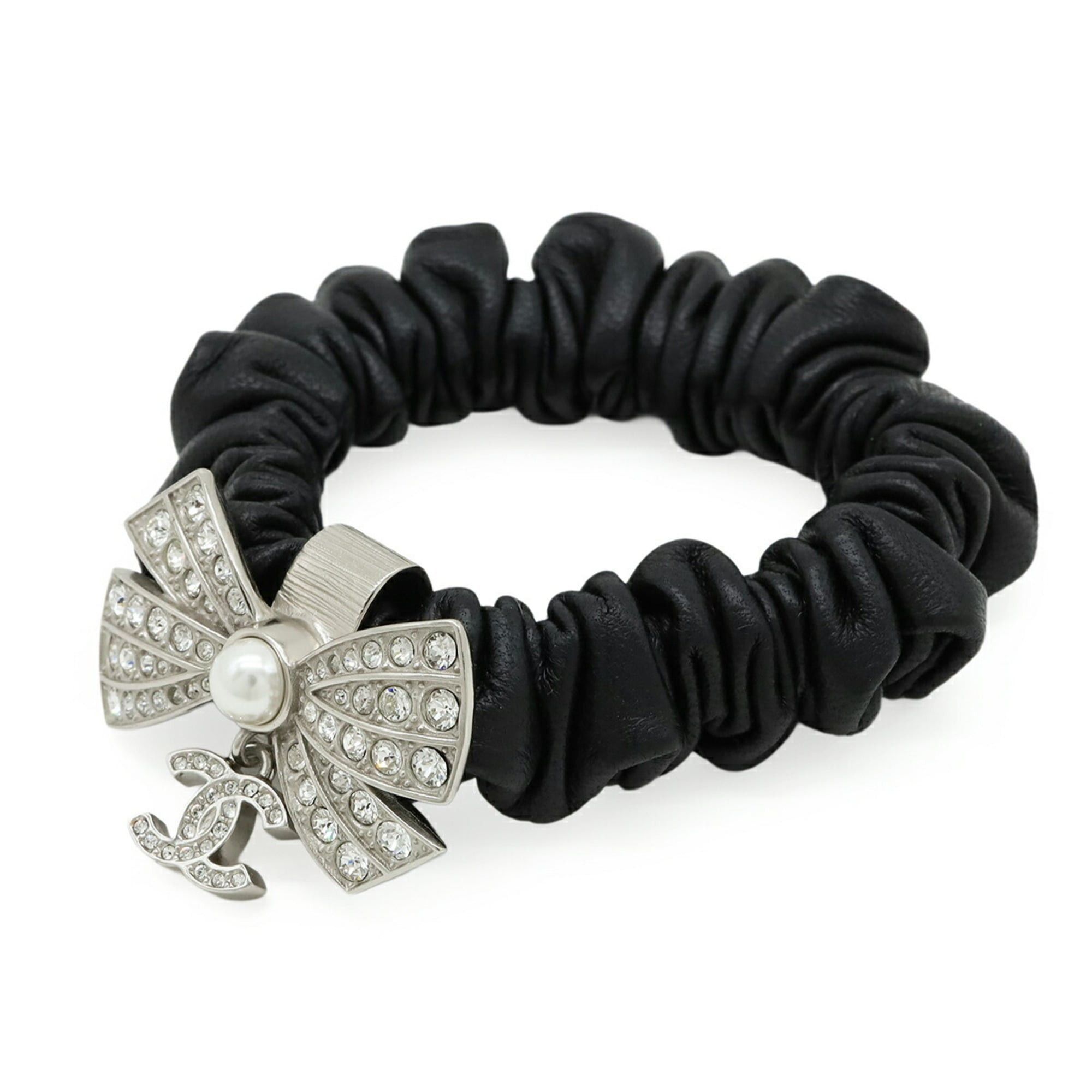 Chanel CHANEL Coco Mark Ribbon Rhinestone Leather Scrunchie Hair Tie with Faux Pearl, Black (A22P) Size ONE SIZE - 1 Thumbnail