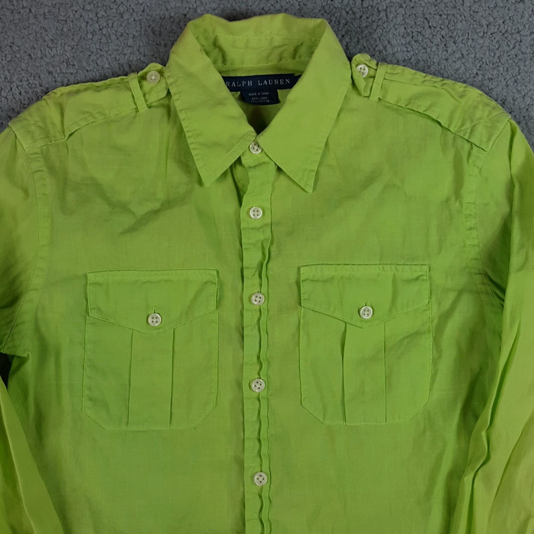 Ralph Lauren VINTAGE Ralph Lauren Button-Up Shirt Shirt Adult XS Lime Green Linen Blend 90s Military Prep USA Men Size US XS / EU 42 / 0 - 2 Thumbnail