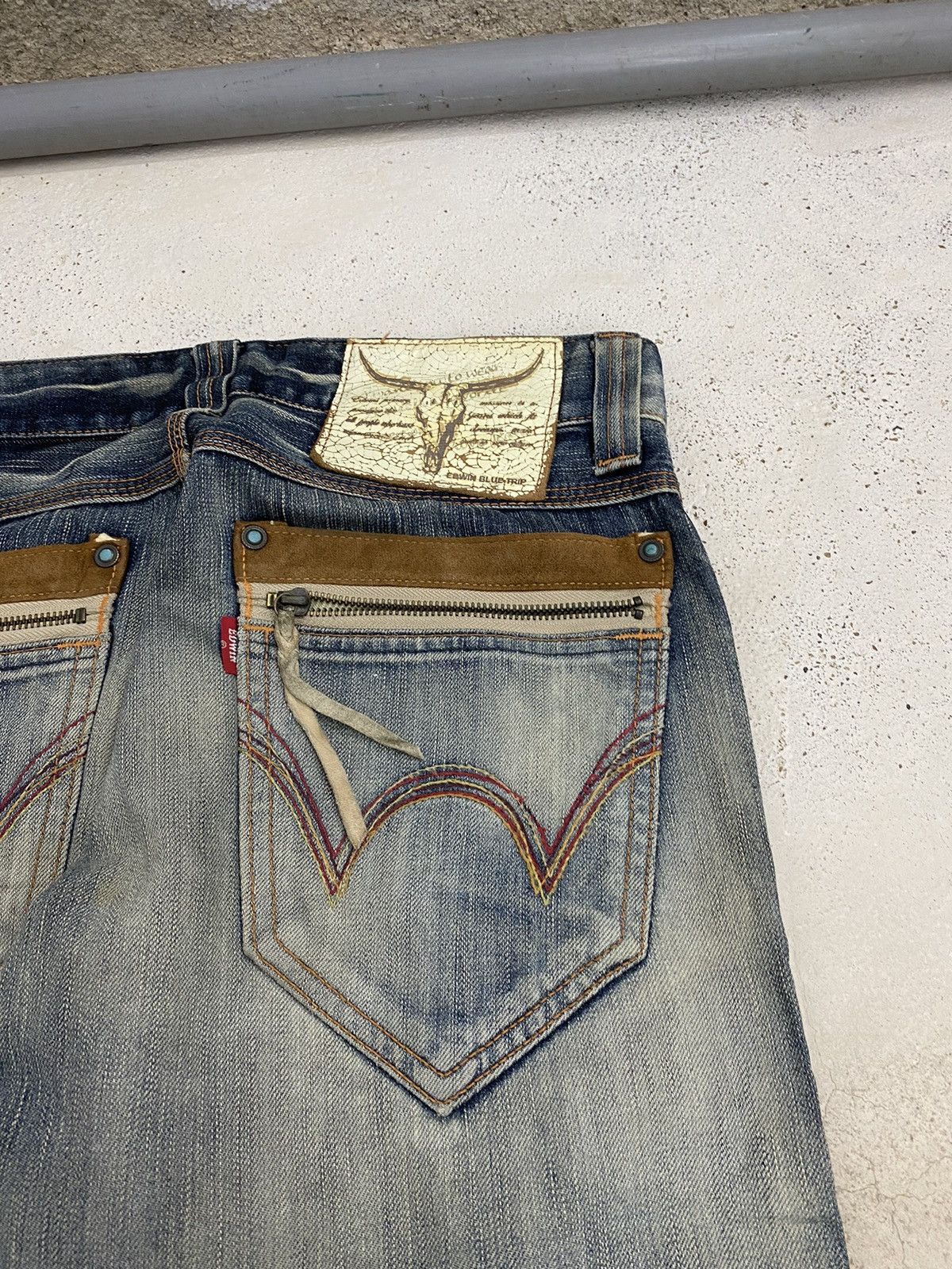 Edwin × Japanese Brand Edwin Blue Trip Mud Washed Whisker Distress Zipper Pocket Size US 31 - 15 Thumbnail
