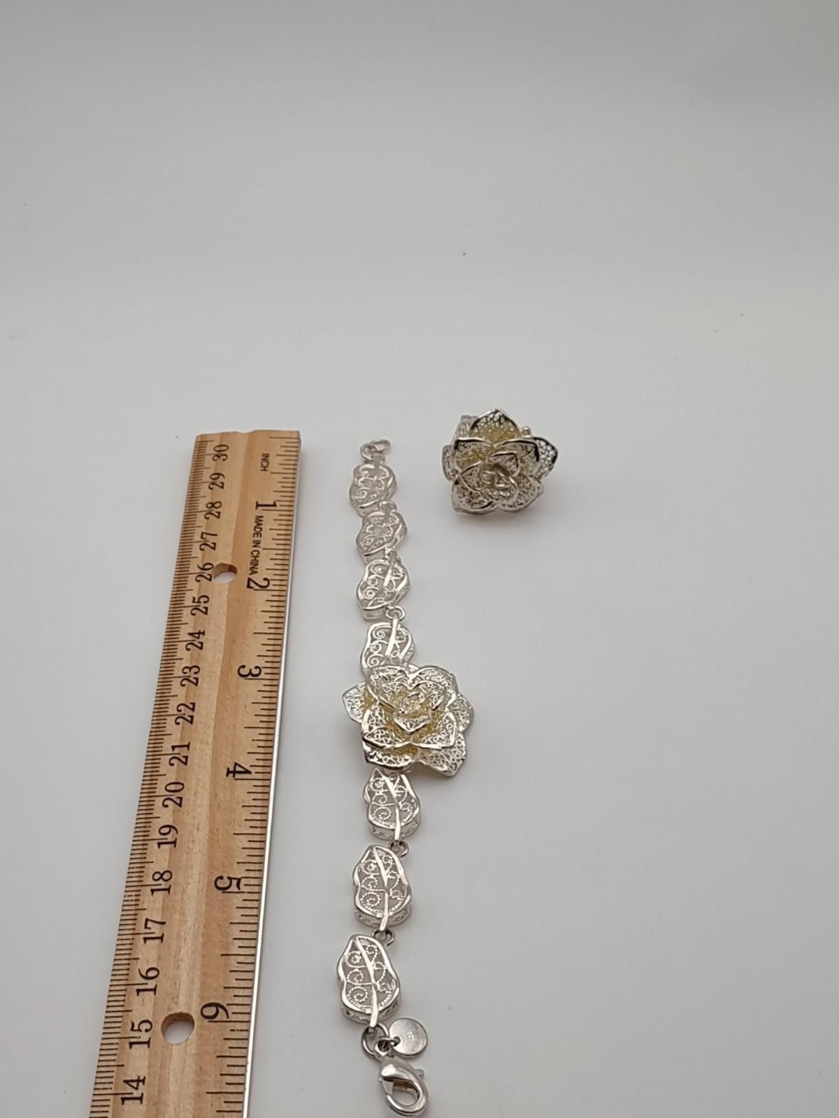 The Unbranded Brand Sterling Silver Rose Ring & Bracelet Set Floral Filigree Size ONE SIZE - 2 Thumbnail