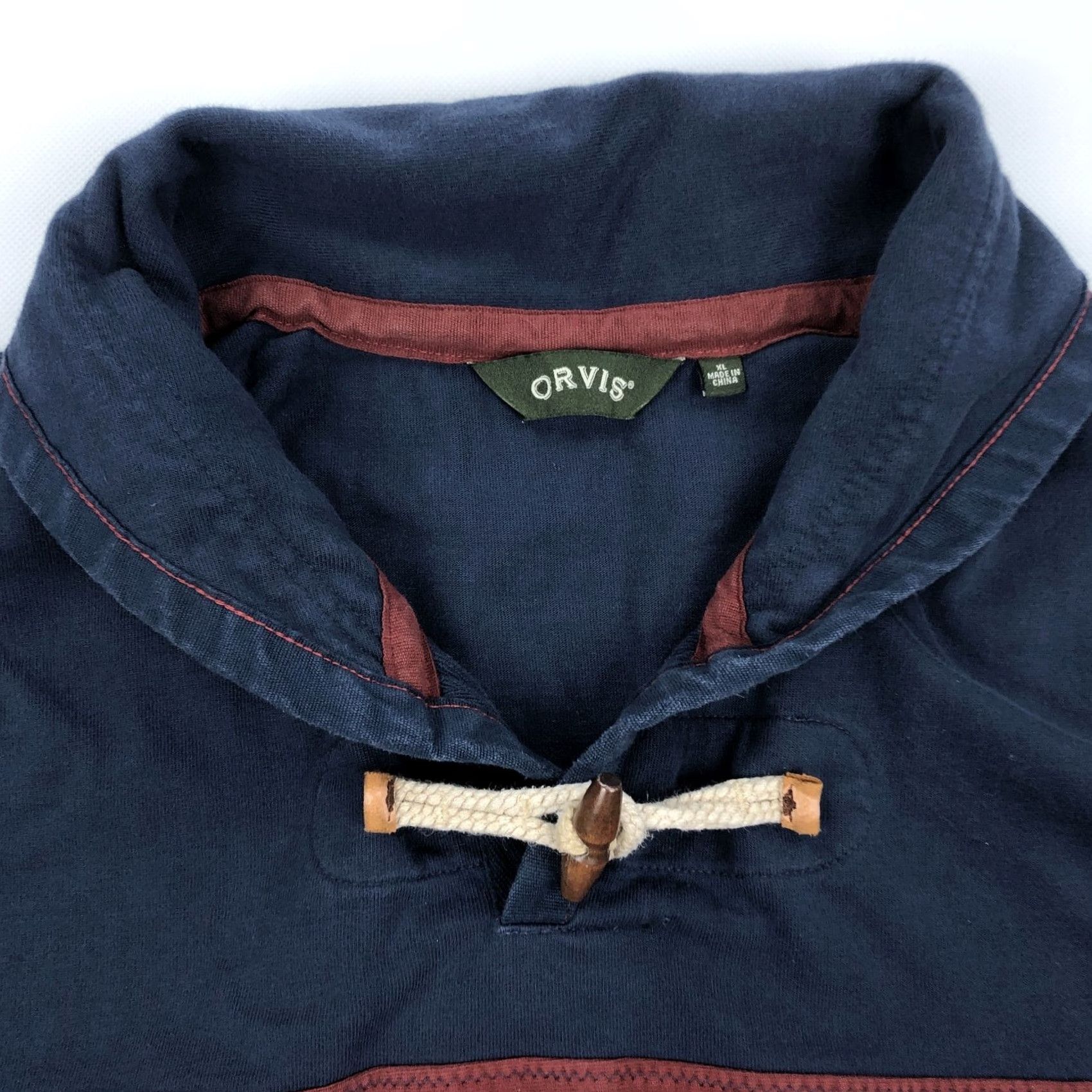 Orvis ORVIS Men's XL Navy Blue Red Stripe Cotton Rugby Shawl Collar Toggle Sweater Size US XL / EU 56 / 4 - 2 Thumbnail