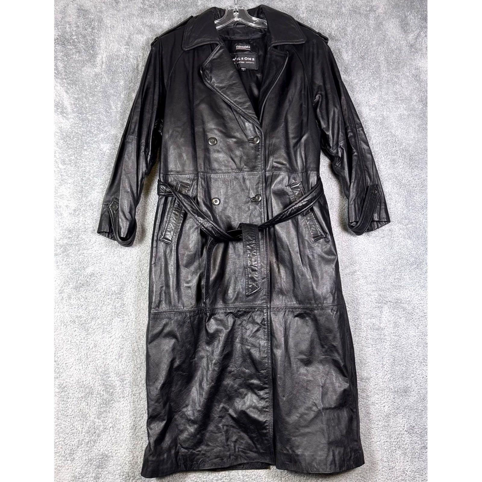 Vintage VINTAGE Wilsons Leather Jacket Womens L Belted Double Breasted Trench Coat Thinsulate Black Long Sleeve Size L / US 10 / IT 46 - 2 Thumbnail