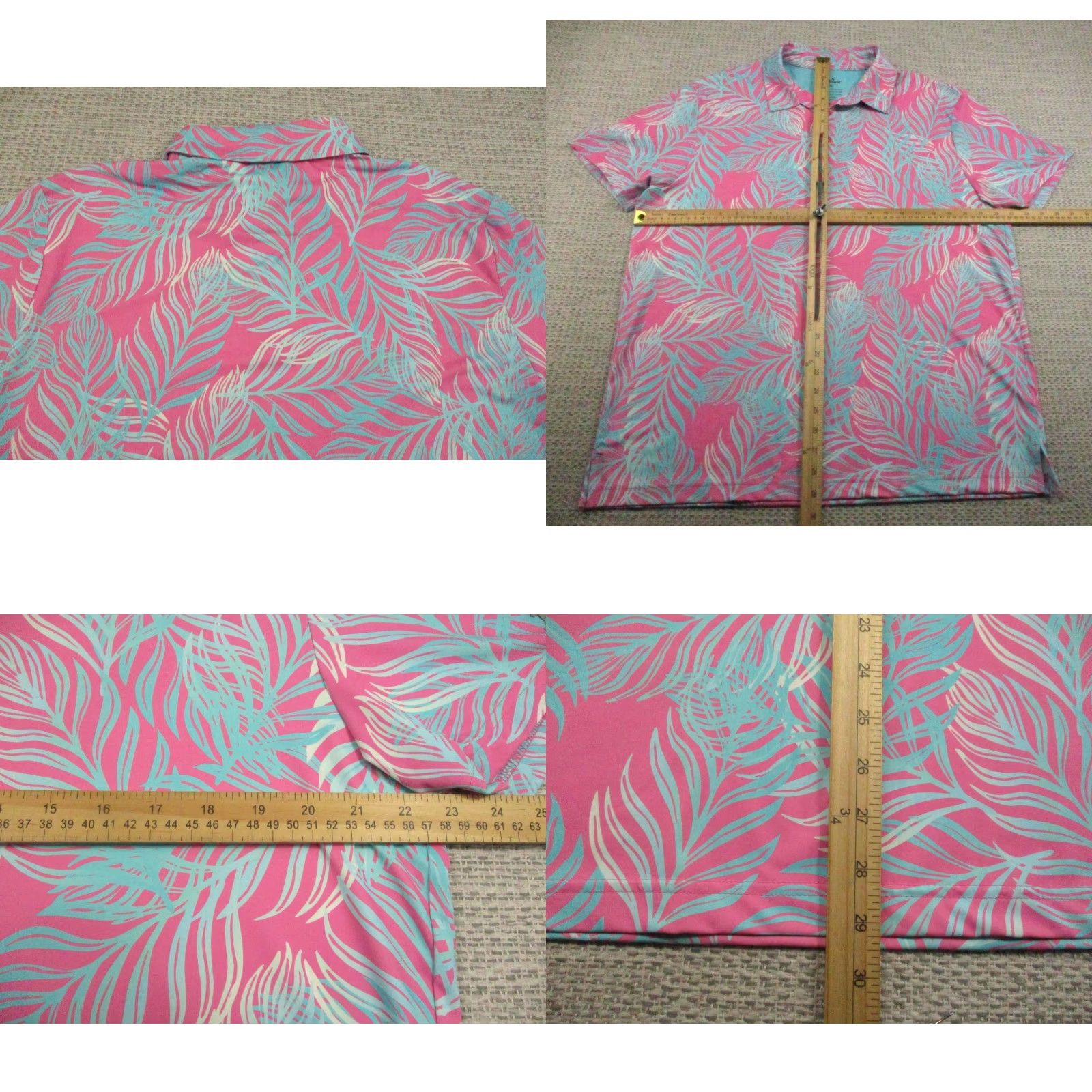 Vintage Birdie Bound Polo Shirt Mens L Pink Teal Palm Leaf Print Golf Stretch Shirts Size US L / EU 52-54 / 3 - 8 Thumbnail