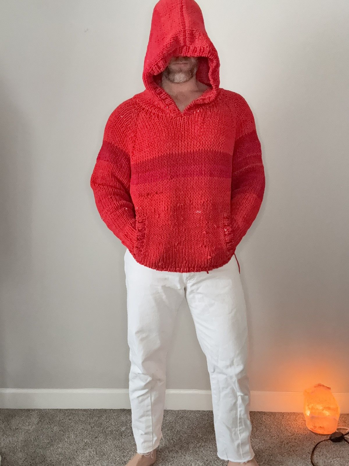 Other Reclaimed T-Shirt Yarn Hand Knit Hooded Sweater Size US XL / EU 56 / 4 - 5 Thumbnail
