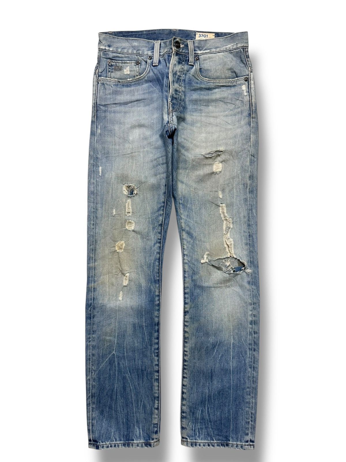 G-Star G-Star Raw 3301 Slim Fit Distressed Denim Jeans Faded Wash Size US 31 - 1 Thumbnail