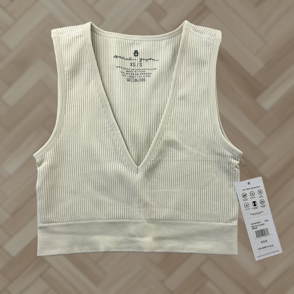 Spiritual Gangster Spiritual Gangster Sleeveless Metta Plunge Brami Top XS/S Ivory V-Neck Womens Tank PP Size XS / US 0-2 / IT 36-38 - 1 Thumbnail